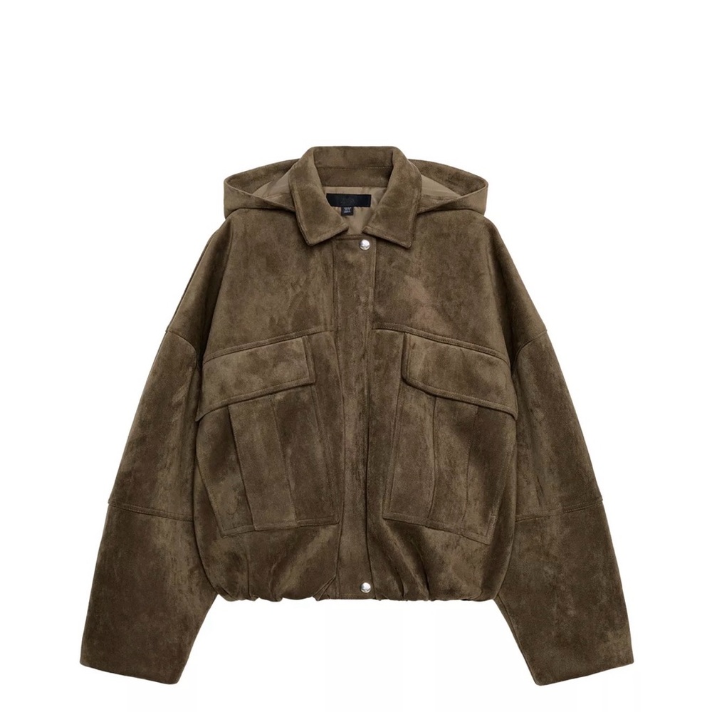 ZARA Women's Hooded Suede Utility Jacket in Olive Brown
